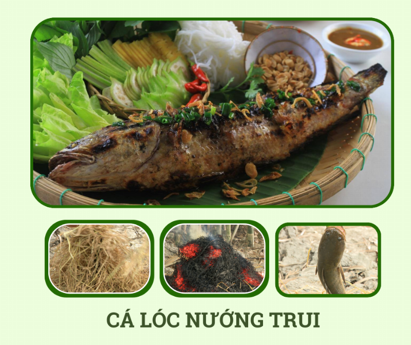 Món cá lóc nướng trui thơm lừng, đặc sản nổi tiếng của ẩm thực sông nước tại khu du lịch Tre Việt.